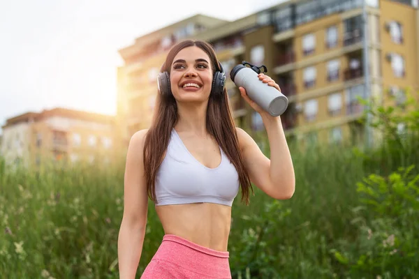 Urban Sport Girl Headphones Drinking Water Sunset Excited Happy Young — 스톡 사진