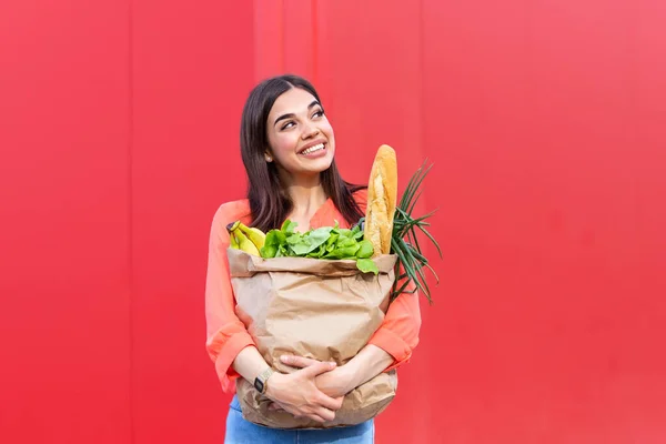 Beautiful Young Woman Smiling Holding Paper Bag Full Groceries Happy — Stockfoto