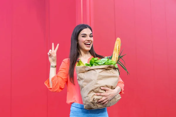 Beautiful Young Woman Smiling Holding Paper Bag Full Groceries Happy — Photo