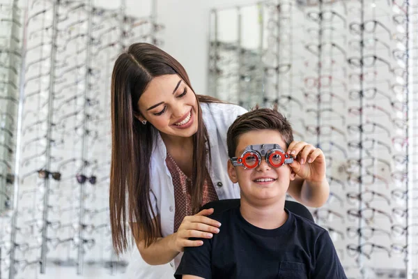 Young Smiling Boy Sitting Looking Camera Vision Checking Ophthalmologist Using — ストック写真