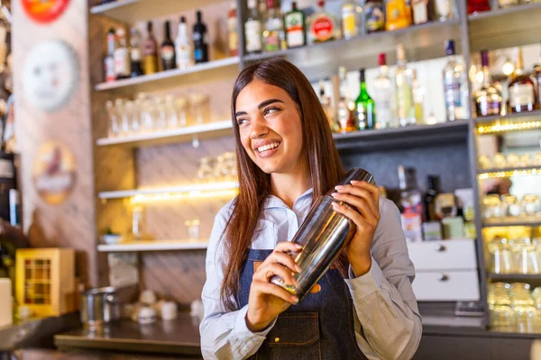 Young Female Worker Bartender Desk Restaurant Bar Preparing Coctail Shaker — Stok fotoğraf