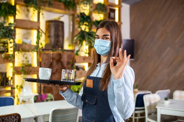 Happy Waitress Holding Tray Cup Coffee Working Cafeteria Serves Table — Foto de Stock