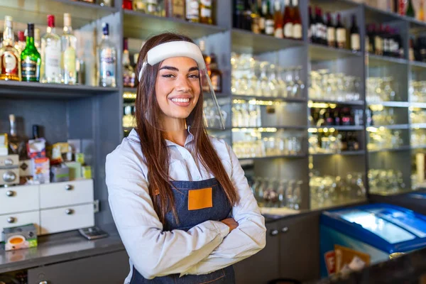 Portrait Beautiful Bartender Standing Counter Smiling Looking Camera While While — 스톡 사진