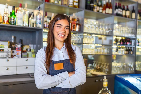 Waitress Wearing Apron Smilling Looking Camera Happy Businesswoman Small Business — Foto Stock