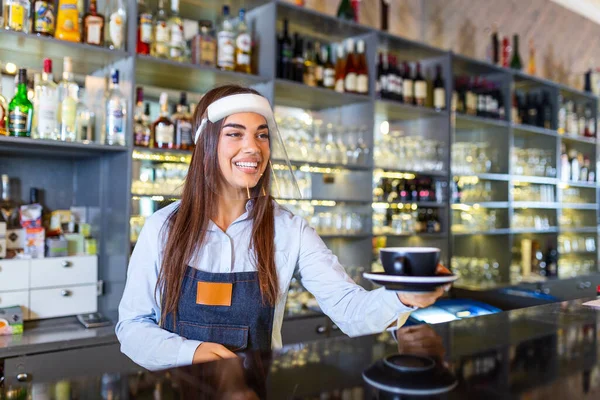 Beautiful Female Barista Holding Cup Hot Coffee Wearing Face Shield — Foto Stock