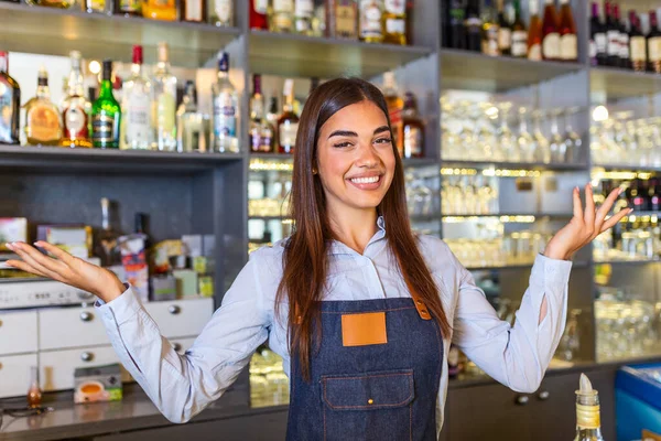 Waitress Wearing Apron Smilling Looking Camera Happy Businesswoman Small Business — 스톡 사진