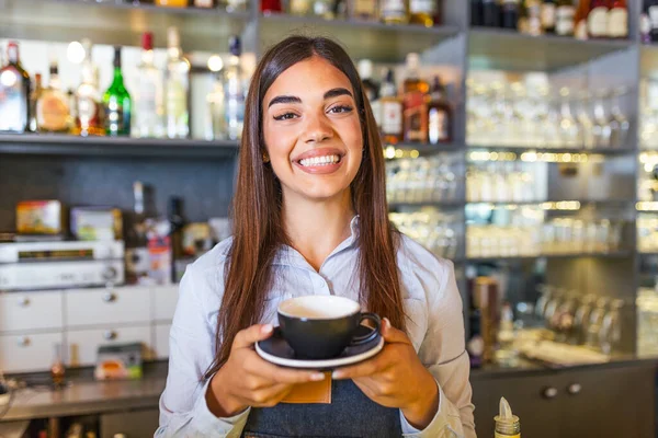 Beautiful Female Barista Holding Cup Hot Coffee Looking Camera Smiling — Foto Stock