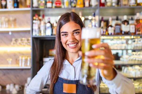 Young Woman Serving Draft Beer Smiling Female Bartender Pouring Tap — 스톡 사진