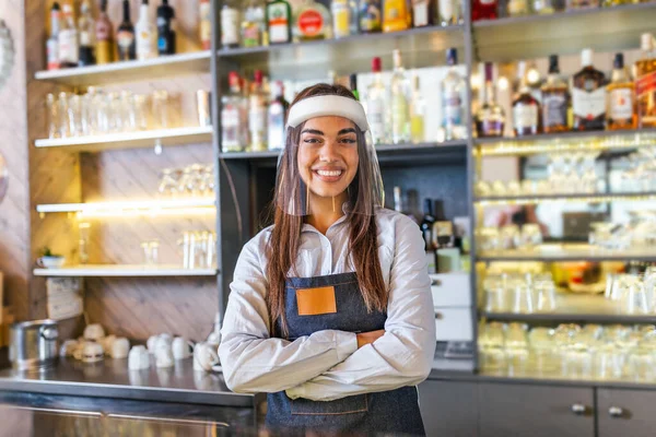 Portrait Beautiful Bartender Standing Counter Smiling Looking Camera While While — Foto Stock