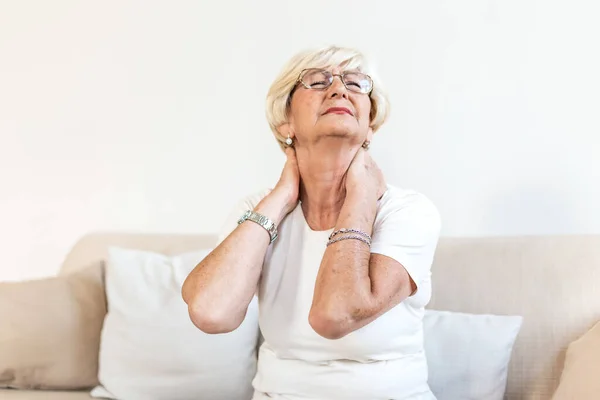 Senior Woman Feeling Exhausted Suffering Neck Pain Health Concept Sad — Stockfoto