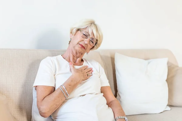 Senior Woman Having Pain Heart Area Heart Attack Chest Pain — Stockfoto