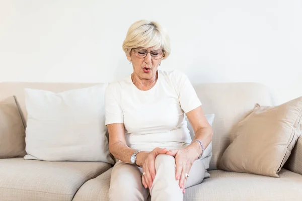 Senior Woman Holding Knee Pain Old Age Health Problem People — Stockfoto