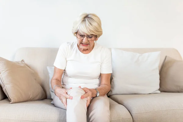 Senior Woman Holding Knee Pain Old Age Health Problem People — Stockfoto