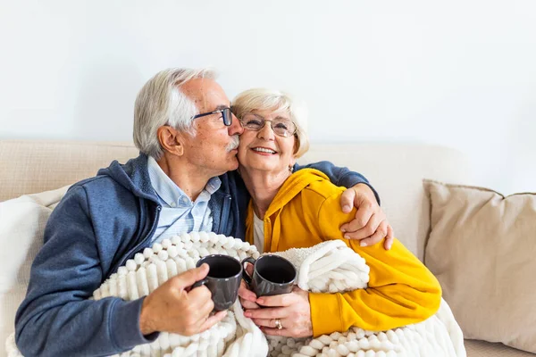 Senior couple feeling cozy and warm, sitting covered with blanket on the sofa at home. Elderly couple drinking tea