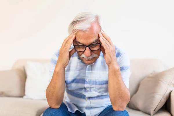 Attack Monster Migraine Unhappy Retired Senior Man Holding His Head — Foto Stock