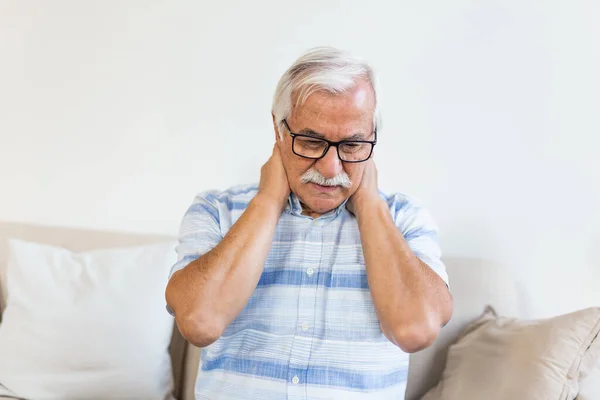 Senior Man Feeling Exhausted Suffering Neck Pain Health Concept Sad — Foto de Stock