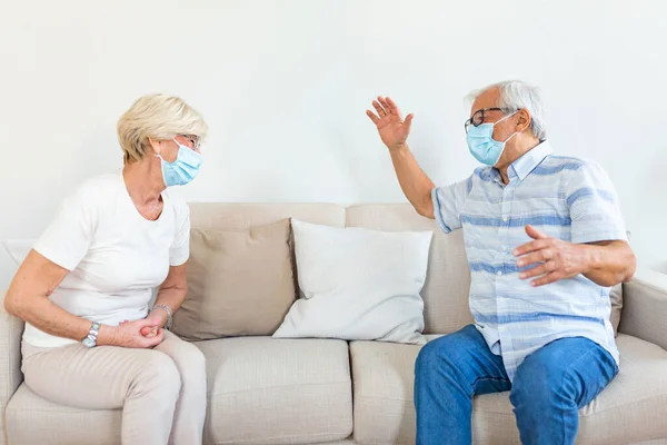 Two Elderly Friends Sitting Social Distance Wearing Medical Face Mask — Foto Stock