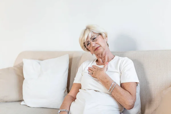 Senior Woman Having Pain Heart Area Heart Attack Chest Pain — Stockfoto
