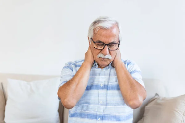 Senior Man Feeling Exhausted Suffering Neck Pain Health Concept Sad — Foto de Stock