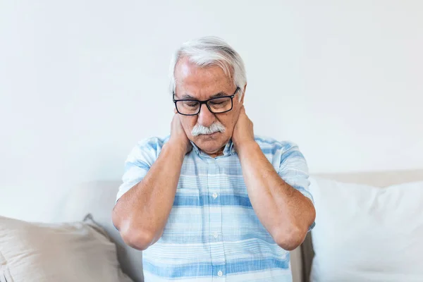 Senior Man Feeling Exhausted Suffering Neck Pain Health Concept Sad —  Fotos de Stock