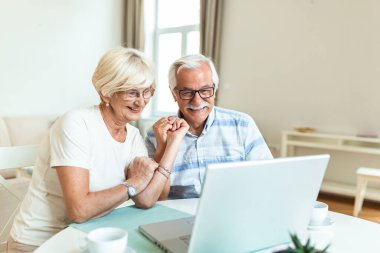 Senior couple is talking online via video connection on the laptop. Having nice time withfriends and family via video call.Holding their hands together
