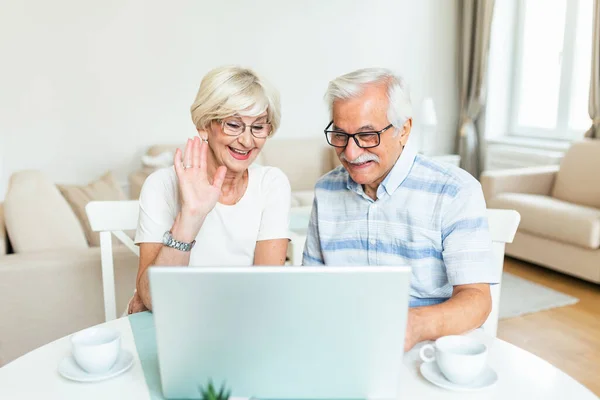 Happy old family couple talking with friends and family using laptop , surprised excited senior woman looking at computer waving and smiling.