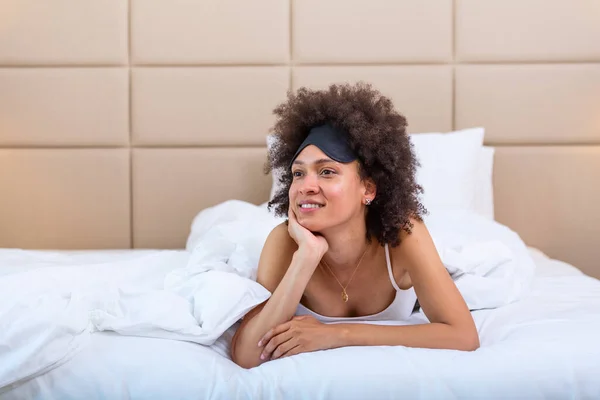 Beautiful Young African American Woman Bed Wearing Sleeping Mask Cute — Stock fotografie