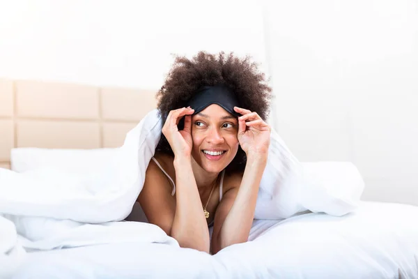 Beautiful Girl Bed Sleeping Eye Mask Relaxing Beautiful Excited African — Stock fotografie