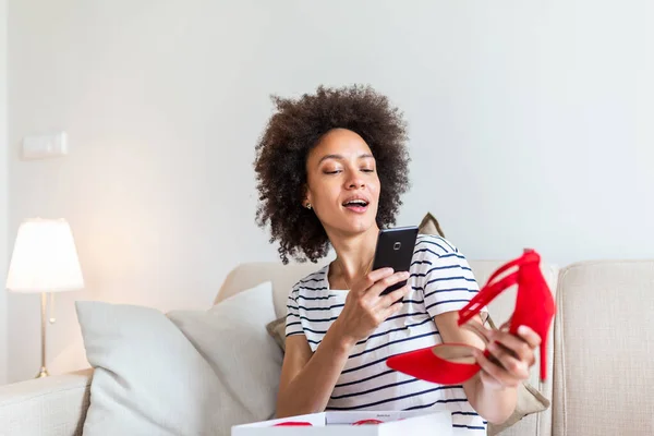 Young Woman Feeling Excited New Shoes Unpacking Purchases Taking Photo — Stock fotografie