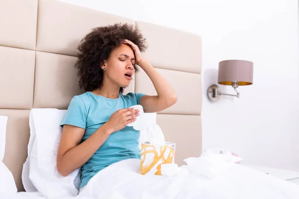 Sick Day Home Young Woman Has Runny Common Cold Cough — Stock fotografie