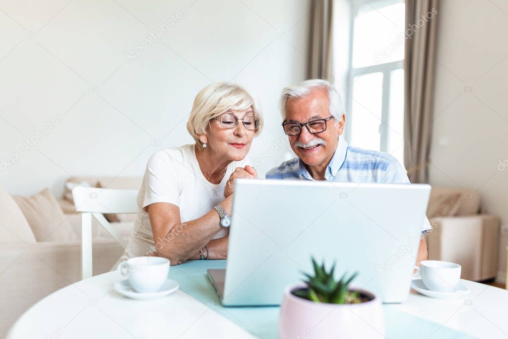 Happy old family couple talking with friends and family using laptop , surprised excited senior woman looking at computer waving and smiling.