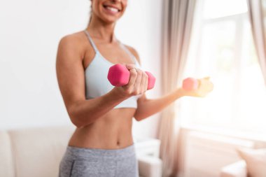 Woman exercising with dumbbells at home. Sporty beautiful woman exercising at home to stay fit. Young woman exercising at home in a living room. Fitness, workout, healthy living and diet concept.