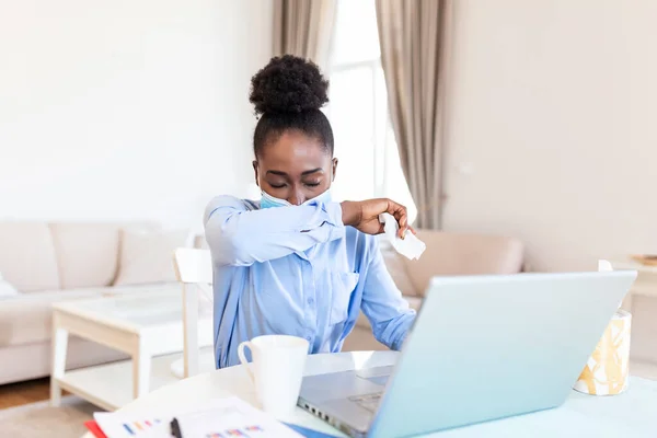 Young African Businesswoman Coughing Elbow Home Office Businesswoman Working Her — Stock fotografie