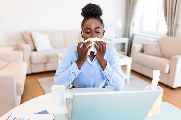 African Ill Businesswoman Cough Sitting Home Office Sick Day Working — Stock fotografie
