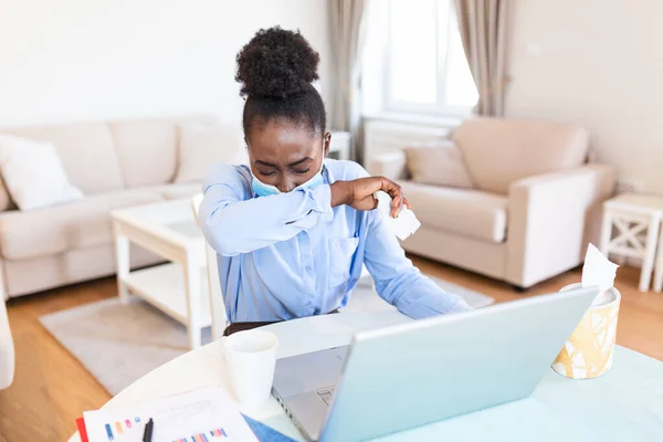 Young African Businesswoman Coughing Elbow Home Office Businesswoman Working Her — Stock fotografie