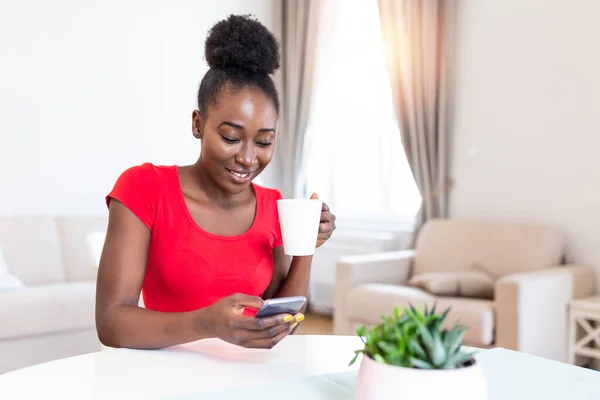 Happy Smiling Beautiful Girl Using Smartphone Device Cozy Home Attractive — Stock Photo, Image