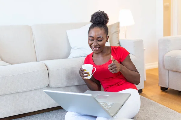 Young Happy Woman Holding Video Call Friends Relatives Parents Attractive — Stock fotografie