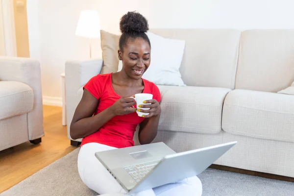 African American Young Woman Having Video Call Friends Family Holding — Stock Photo, Image
