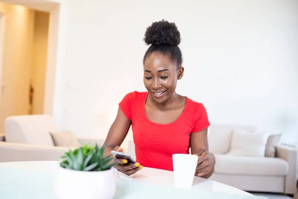 Happy Smiling Beautiful Girl Using Smartphone Device Cozy Home Attractive — Stock Photo, Image