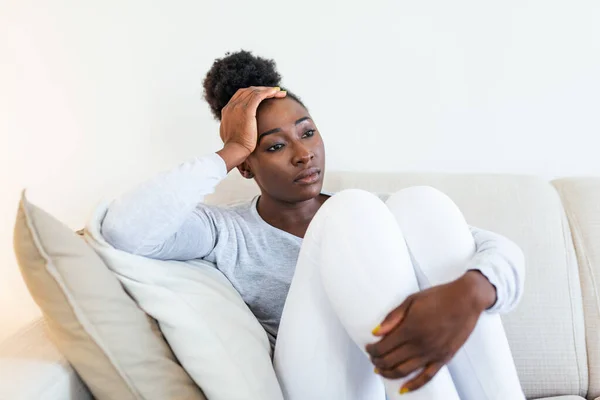 Sad African American Woman Depression Sitting Sofa Lonely Stressed Upset — Stock fotografie