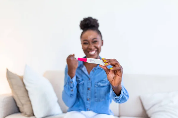 Young Happy Woman Holding Positive Pregnancy Test Shallow Depth Field — Stock fotografie