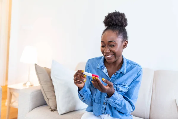 Young Woman Looking Pregnance Test Happiness Finally Pregnant Attractive Black — Stock Photo, Image