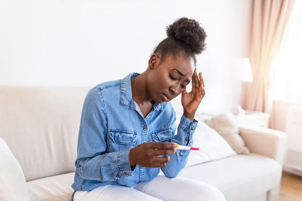 Sad Worried African American Woman Checking Her Recent Pregnancy Test — Stock fotografie