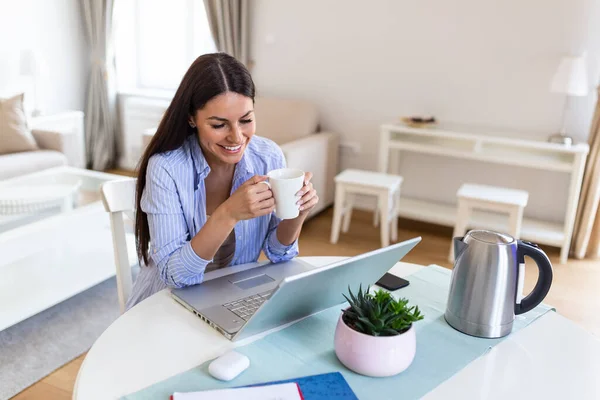Self Employed Woman Working Her Phone Laptop Home Cup Coffee — Foto Stock