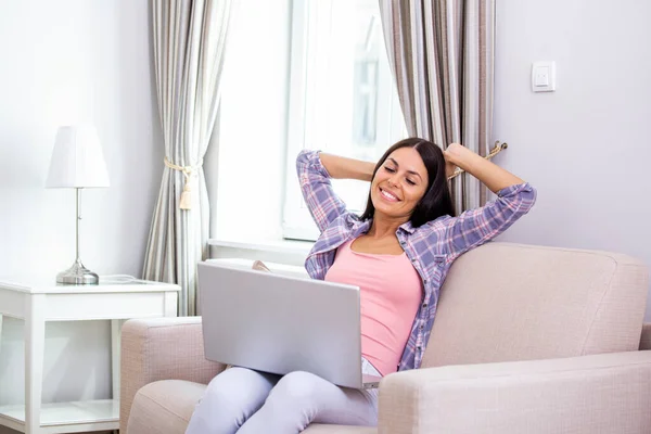 Woman Stretching Sofa Morning Ready Work Home Portrait Young Smiling — Foto Stock