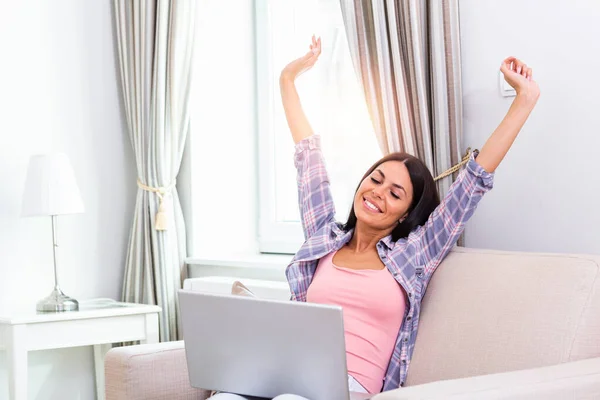 Woman Stretching Sofa Morning Ready Work Home Portrait Young Smiling — Foto Stock