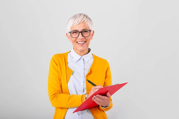 Mature Beautiful Smiling Woman Glasses Holding Pen Isolated Background Business — Stok fotoğraf