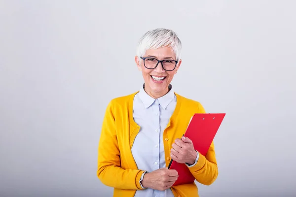 Mature Beautiful Smiling Woman Glasses Holding Pen Isolated Background Business — Stok fotoğraf