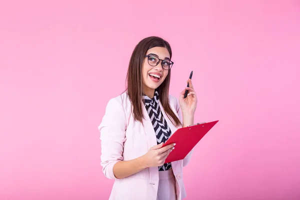 Young Beautiful Smiling Woman Glasses Holding Pen Isolated Background Business — Zdjęcie stockowe