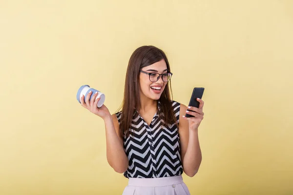 Young Smart Successful Woman Glasses Having Break Holding Coffe Surfing — Stockfoto